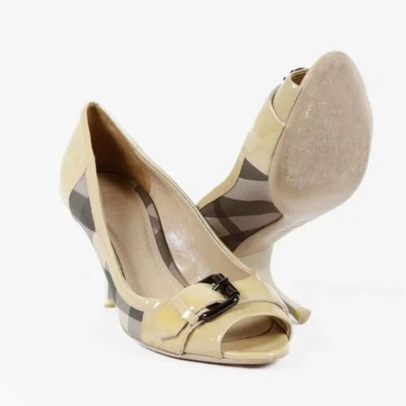 Burberry Nova Check Coated Canvas Beige Peep Toe Heels - Picture 4 of 9